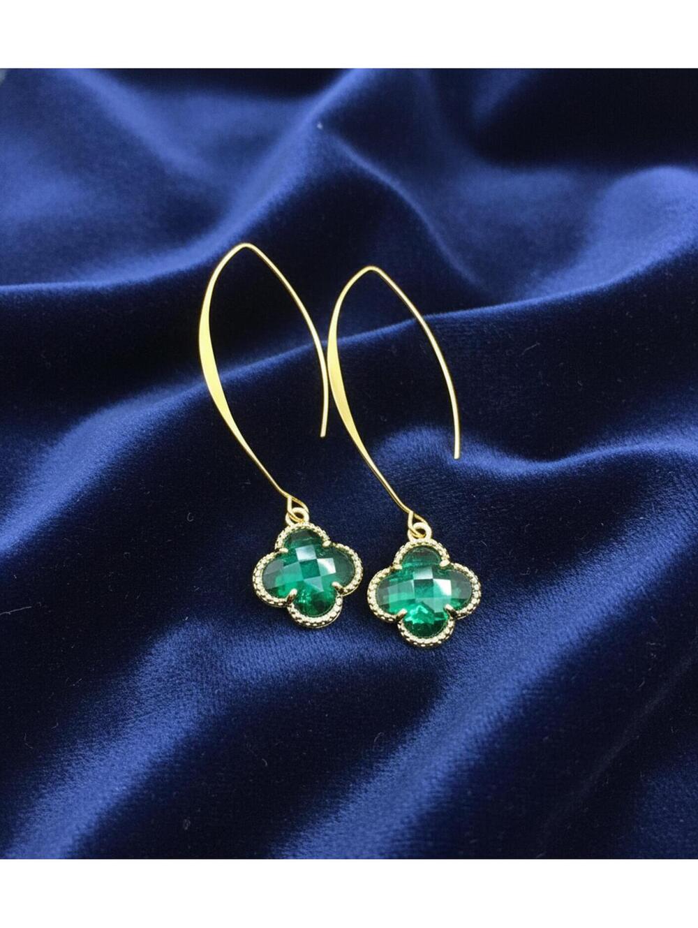 Gold-Tone Drop Earrings with Green Clover-Shaped Gem